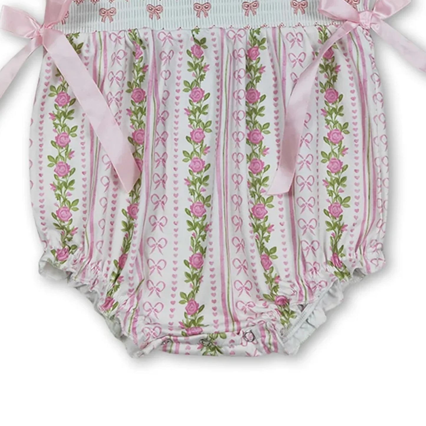 Baby Girls Summer Romper with Short Sleeves, decorative Pink Bows and Floral Print. Cute Infant-Toddler Outfit for Little Girls