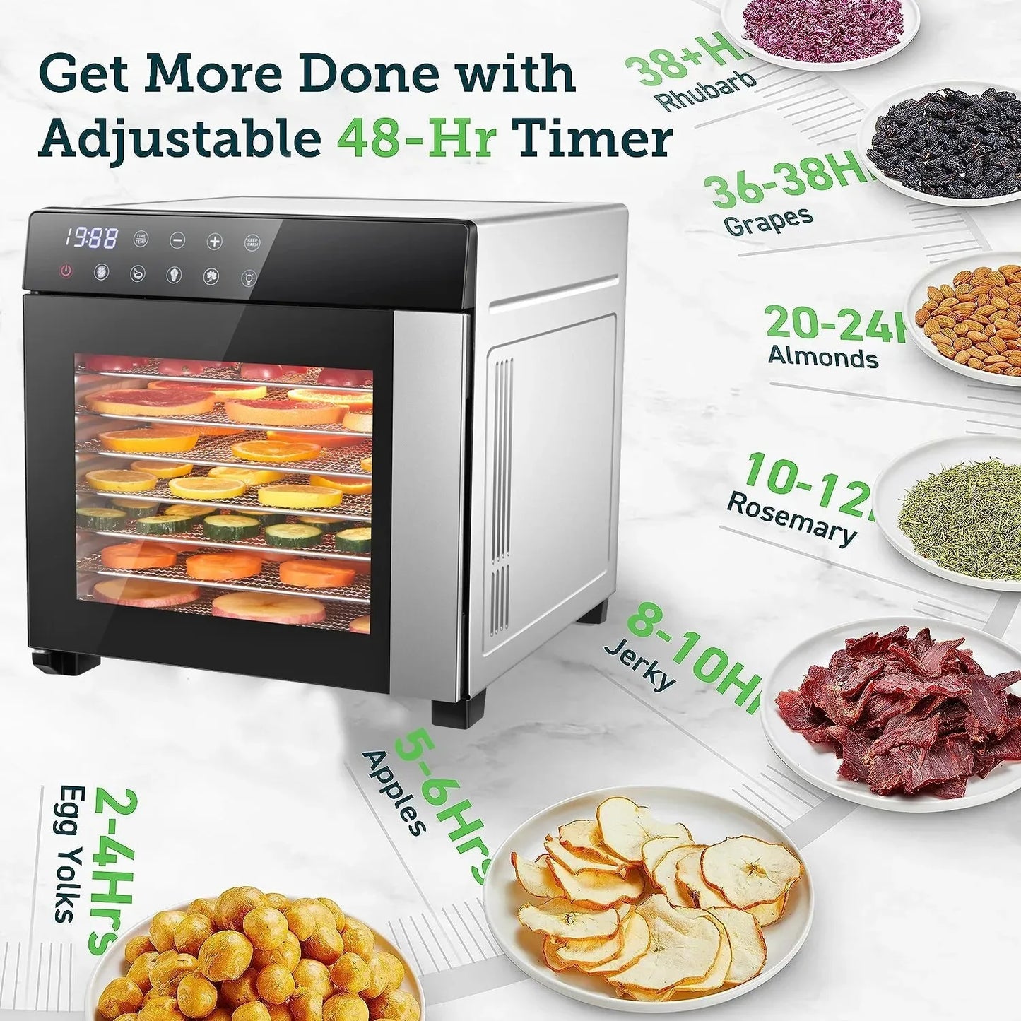 8-Tray Stainless Steel, 600W Dehydrator with 4 Presets & Digital Timer- for Jerky, Fruit, Herbs and natural Pet Food Making. Dishwasher Safe, BPA Free Food Dehydrator