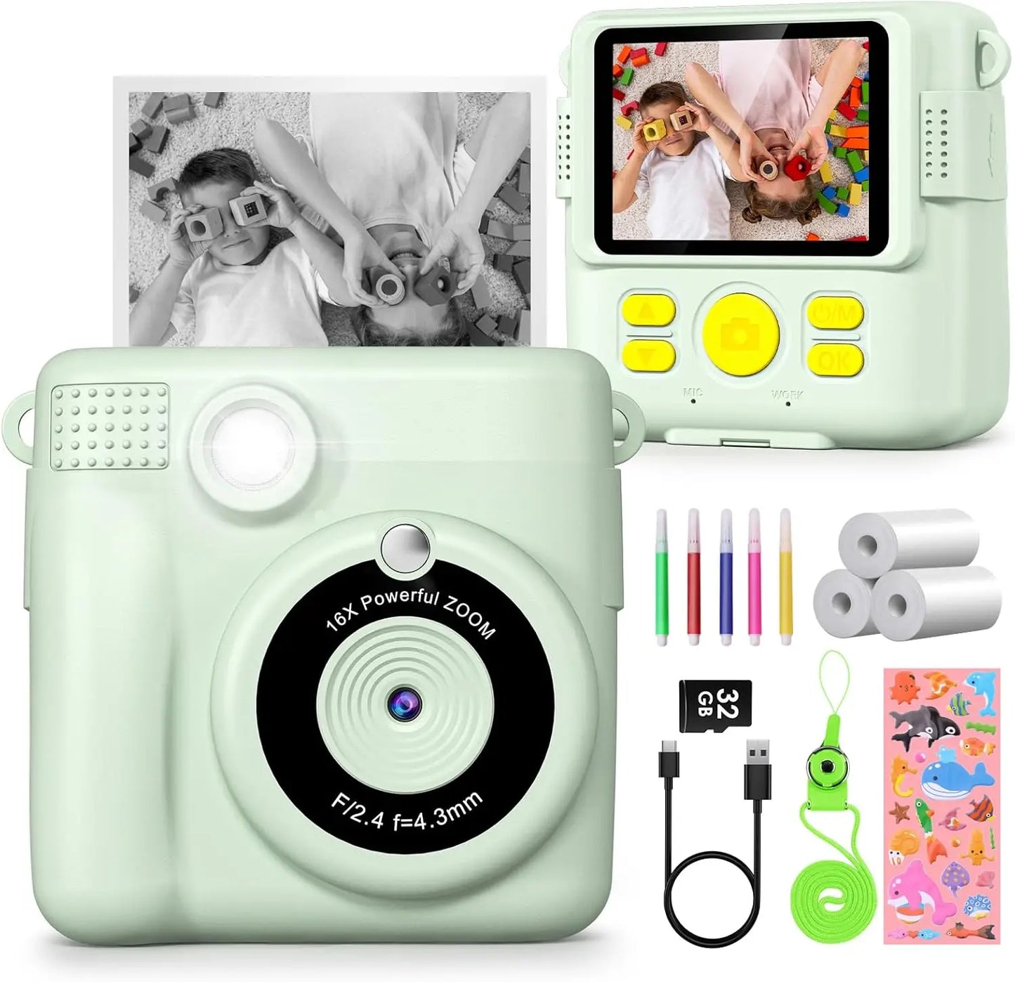 Kids Digital Camera 1080P HD Instant Print Camera with 32GB Card Gift For Boys - Girls 5-12