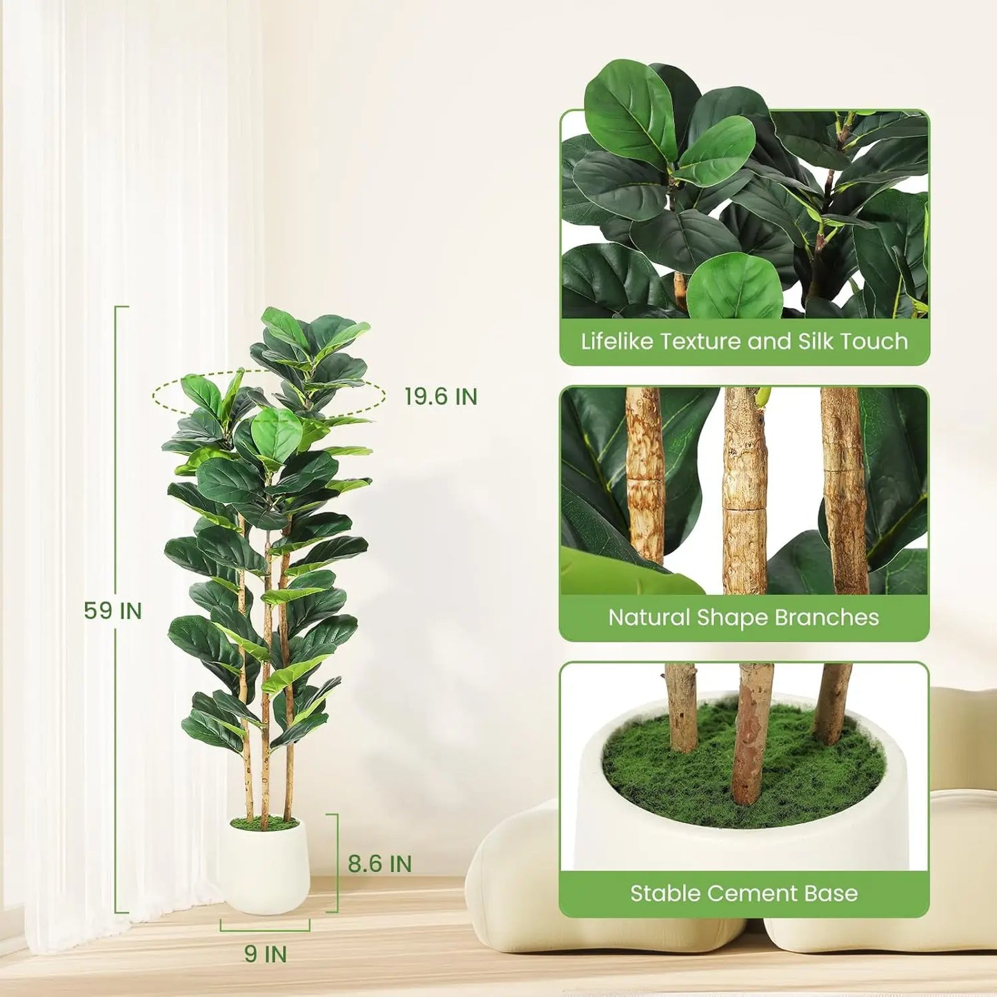 5/6/7 FT Artificial Fiddle Leaf Fig Tree with Planter. Beautiful Faux Trees with Artificial Fiddle Leaves adds Greenery to your Home