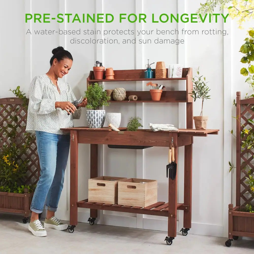 Mobile Garden Potting Bench, Outdoor Wood Workstation Table w Sliding Tabletop, 4 Locking Wheels, Food Grade Dry Sink, Storage