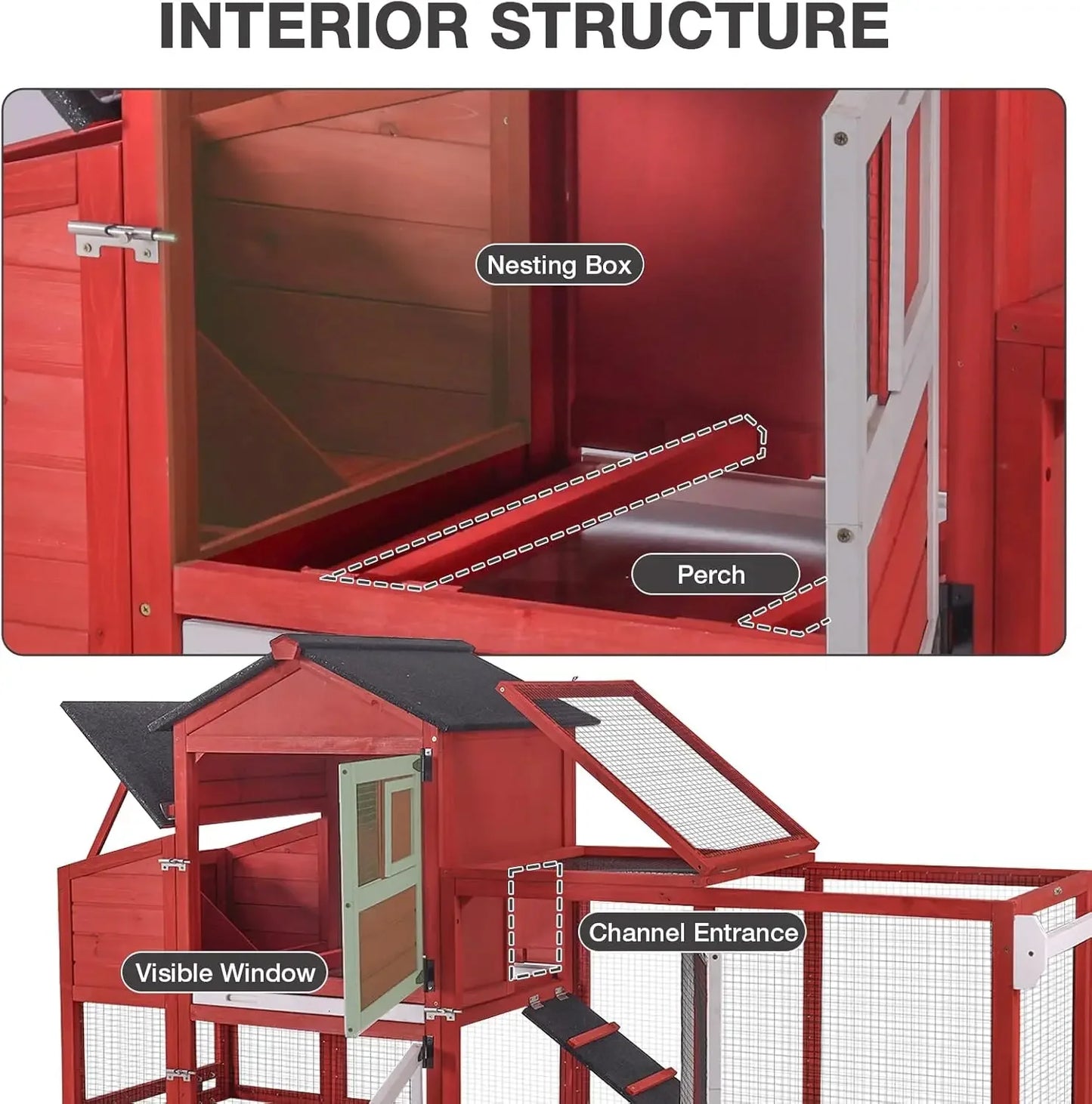 Chicken Coop for Outdoor - Poultry Cage with Wheels, Nesting Box, Leakproof Pull-on Tray, and Asphalt Waterproof Roof - Red. Have a great family experience raising chickens.