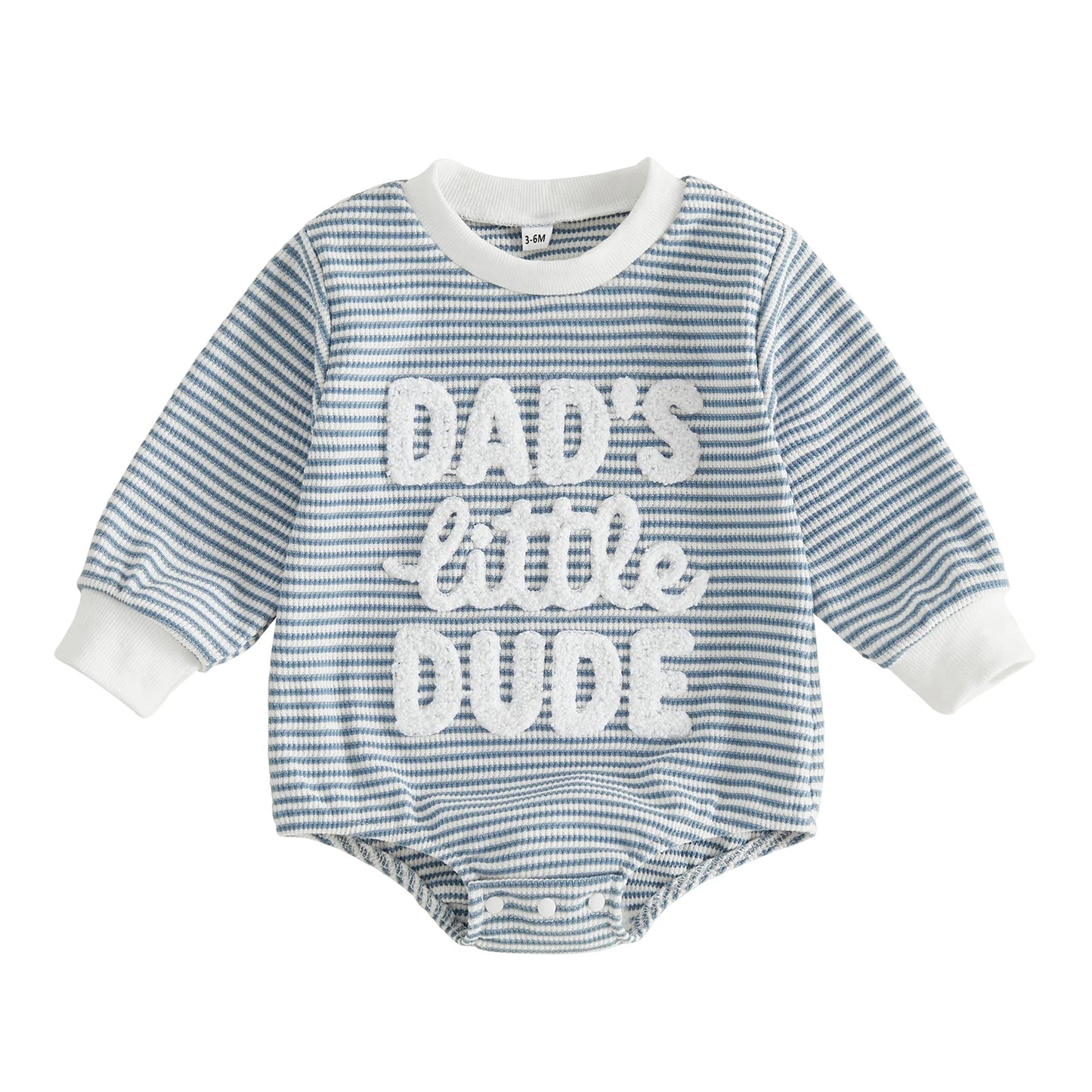 Round-Neck Embroidered Long Sleeve Romper. Cute for Baby boys and Dads. Infant sizes.
