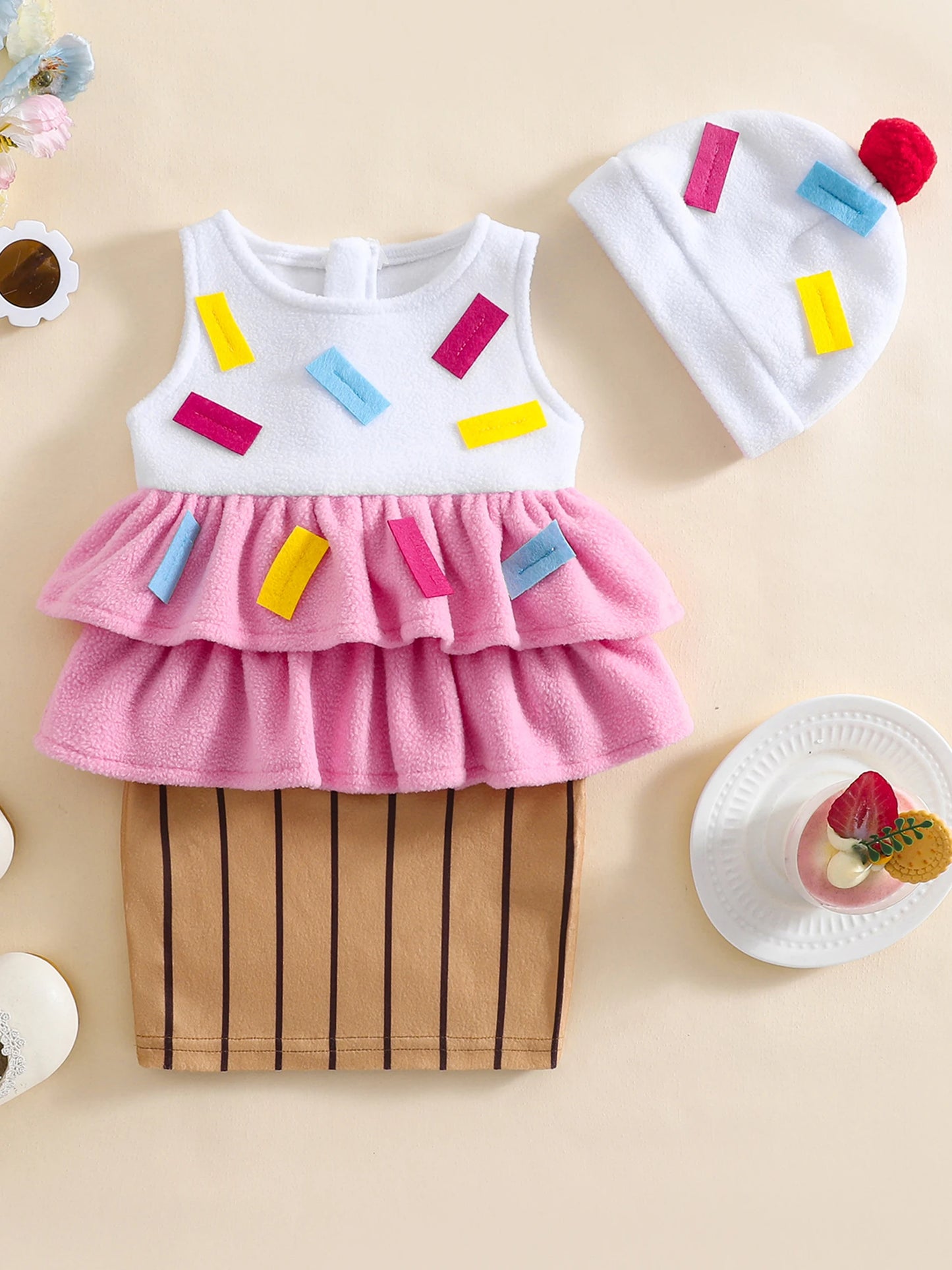 Infant Sweet Treat Costume with Dress and Hat - Adorable Ice Cream Cone Outfit for Playtime, Dress-Up Fun and Birthday Celebrations.