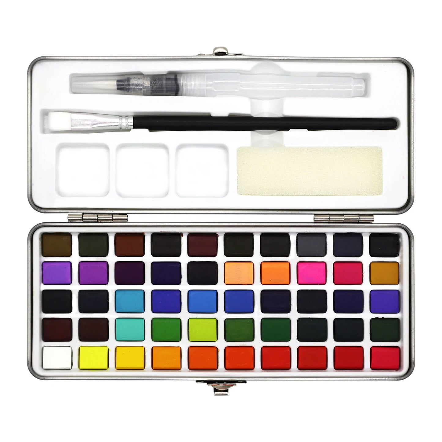 90 Color Watercolor Paint Set with Glitter, Portable Metal Case and squirrel hair brush, for creative learning and painting.