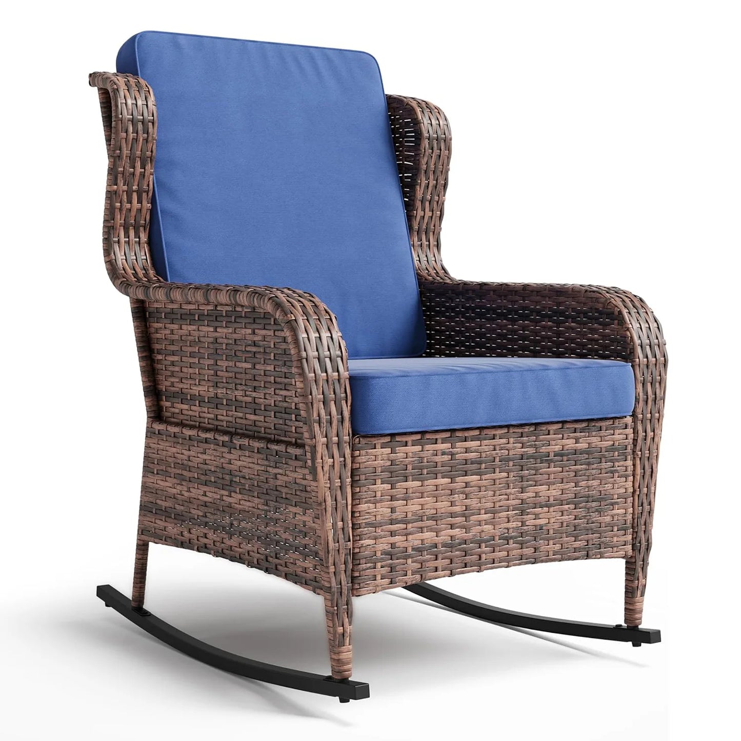 Outdoor Wicker Rocking Chair, All-Weather Patio Rocker with Thick Cushions, High Back Rattan Chair For Adding Style to Front Porch, Garden or Backyard