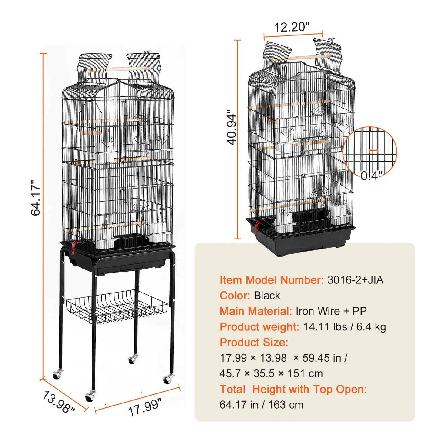 Open Top Bird Cage With Swing And Perches For Various Birds