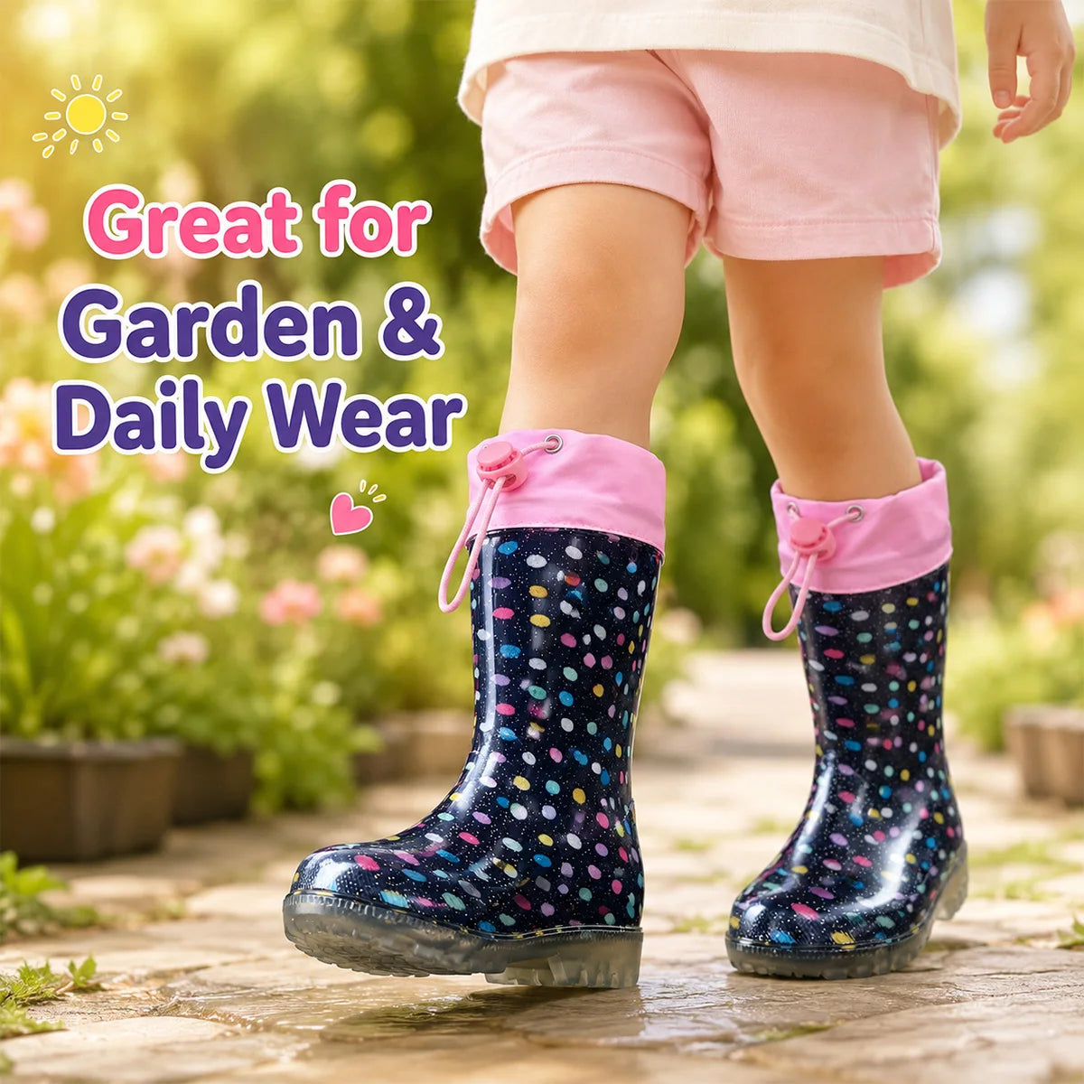 Polka Dot Glitter Kids Rain Boots Non Slip Waterproof Wellies
