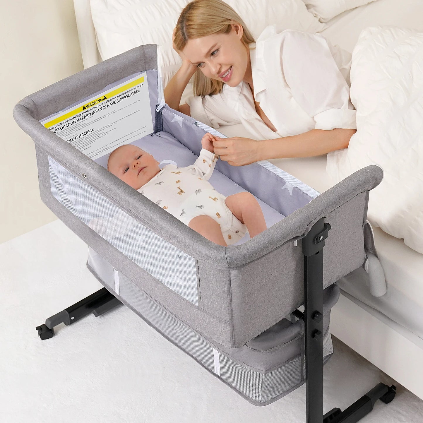 Foldable Portable Three In One Baby Bassinet Bedside Crib With Mesh And Storage