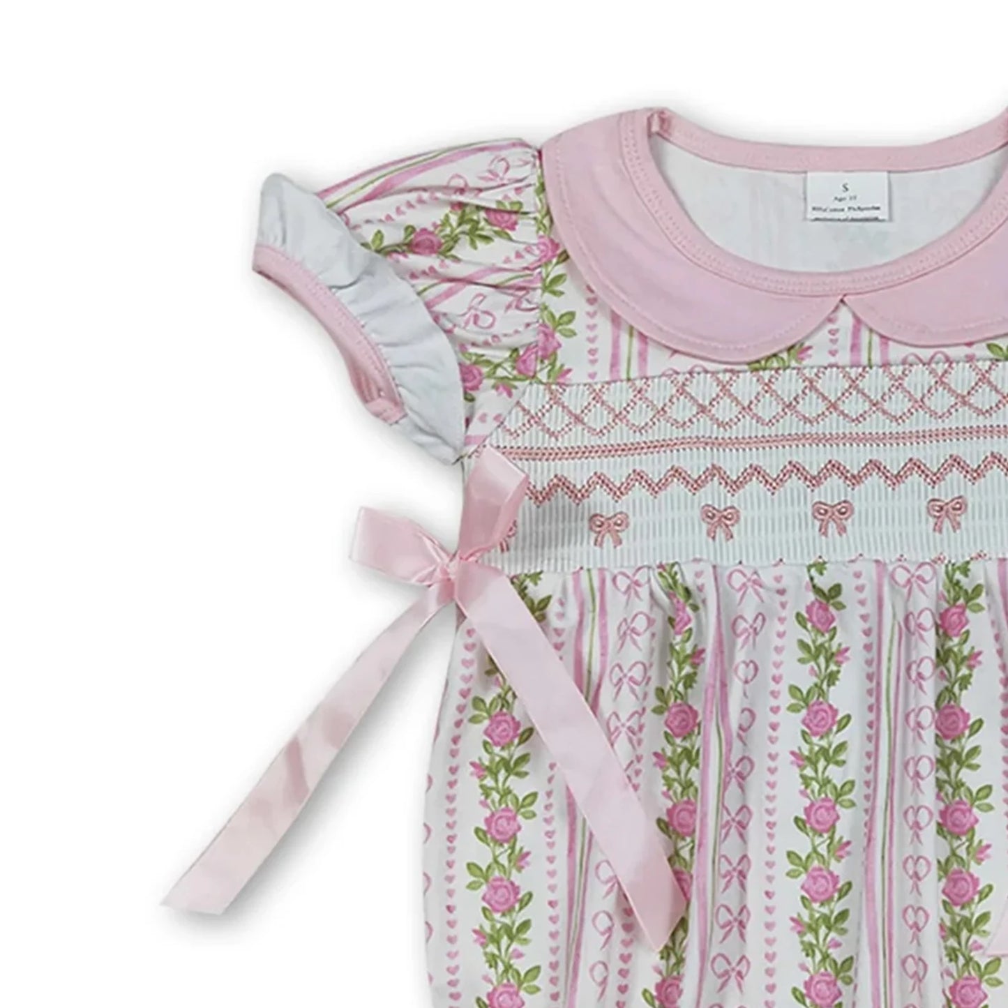 Baby Girls Summer Romper with Short Sleeves, decorative Pink Bows and Floral Print. Cute Infant-Toddler Outfit for Little Girls