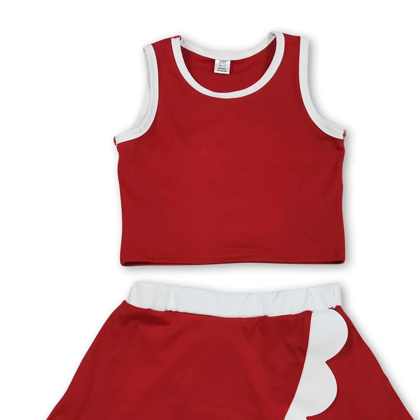 Sleeveless red/white tank top with scalloped skirt. Cute active wear set for Summer for sizes 1-6T.