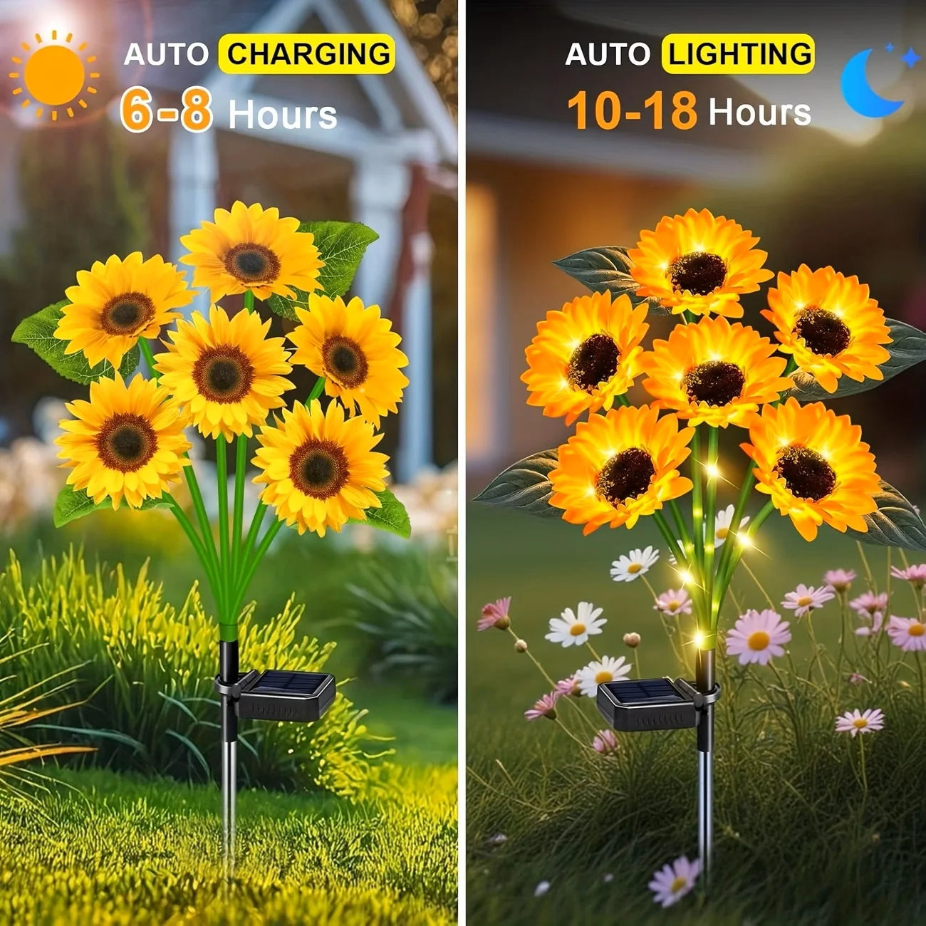 Solar Sunflower Lights, Waterproof Outdoor Lights, Auto ON/Off  Decorative Lights for Gardens, Walkways, Patios