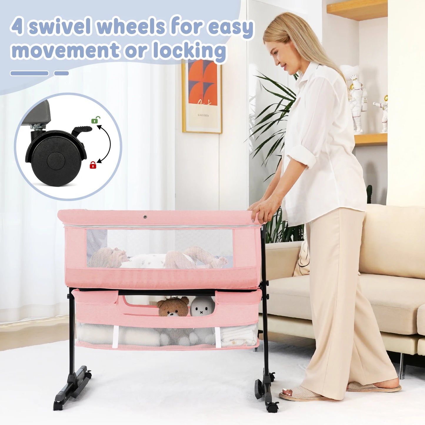 Foldable Portable Three In One Baby Bassinet Bedside Crib With Mesh And Storage