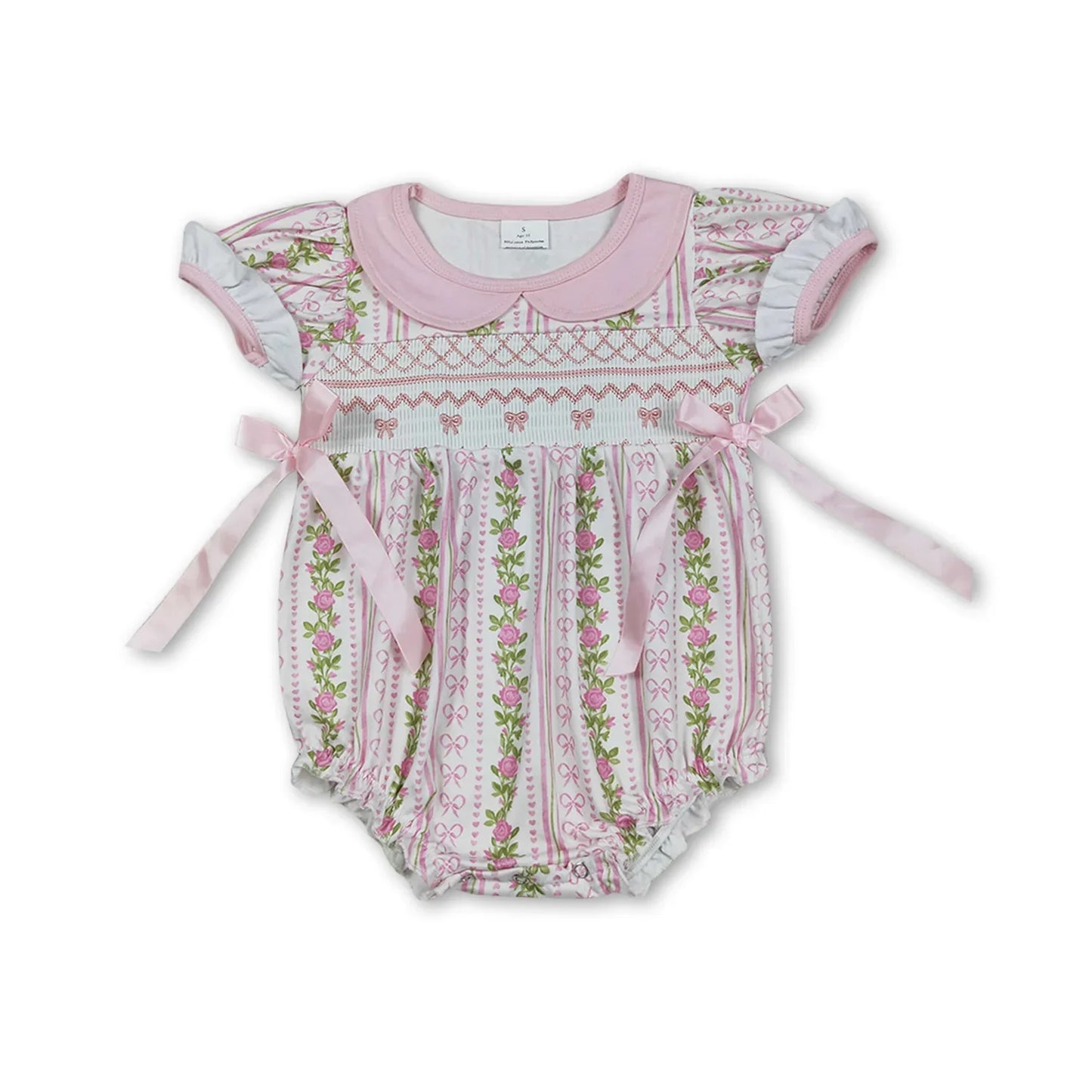 Baby Girls Summer Romper with Short Sleeves, decorative Pink Bows and Floral Print. Cute Infant-Toddler Outfit for Little Girls