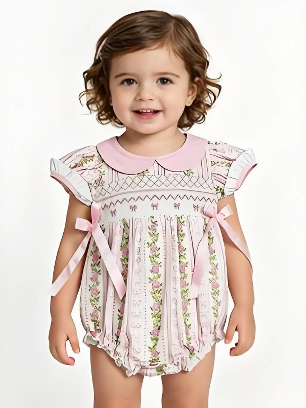 Baby Girls Summer Romper with Short Sleeves, decorative Pink Bows and Floral Print. Cute Infant-Toddler Outfit for Little Girls