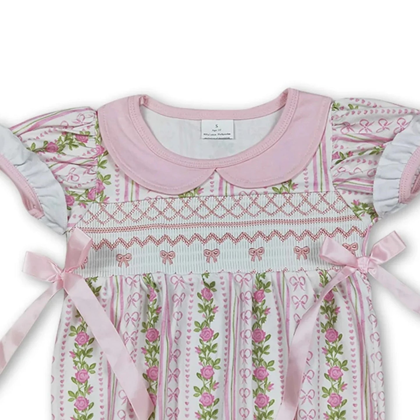 Baby Girls Summer Romper with Short Sleeves, decorative Pink Bows and Floral Print. Cute Infant-Toddler Outfit for Little Girls
