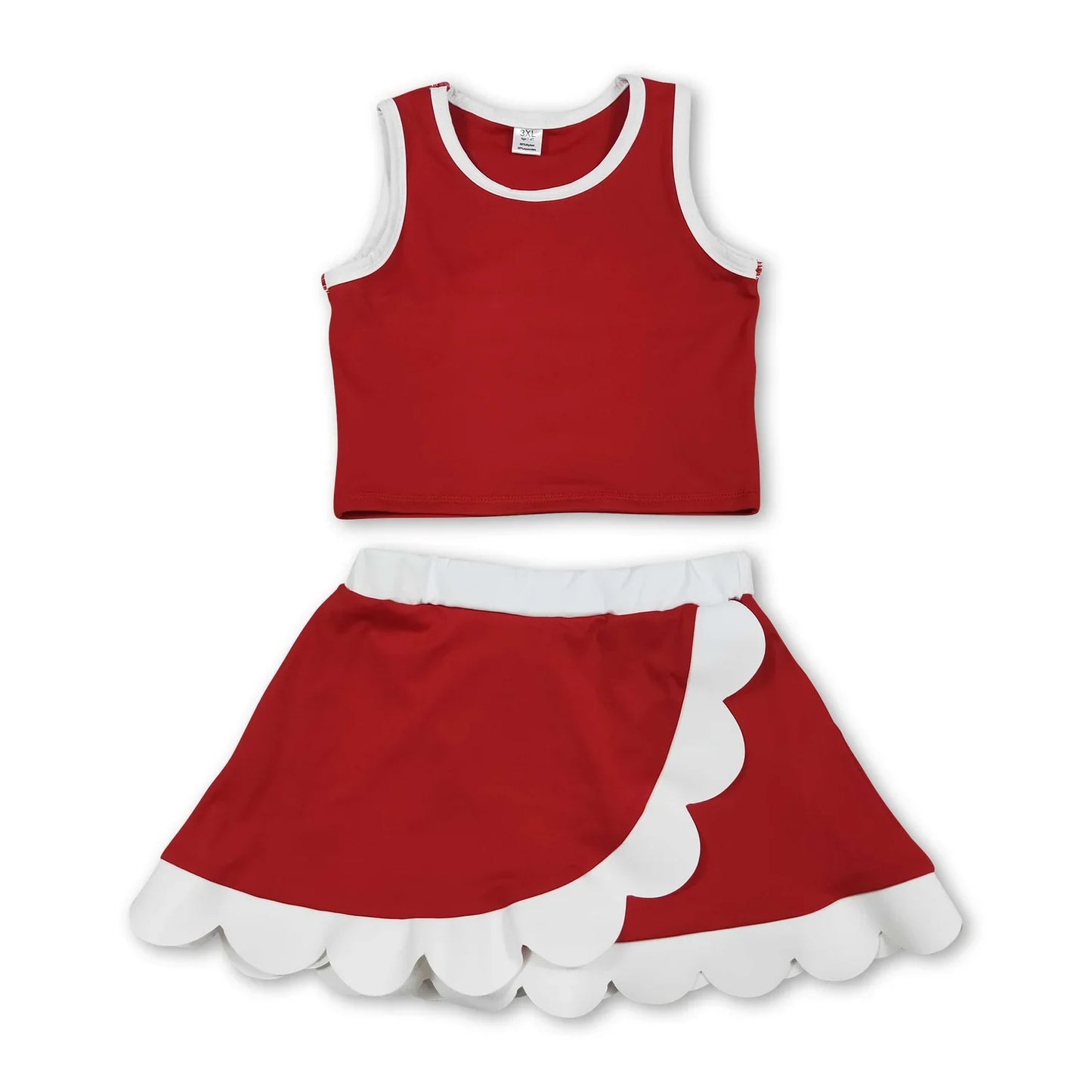 Sleeveless red/white tank top with scalloped skirt. Cute active wear set for Summer for sizes 1-6T.