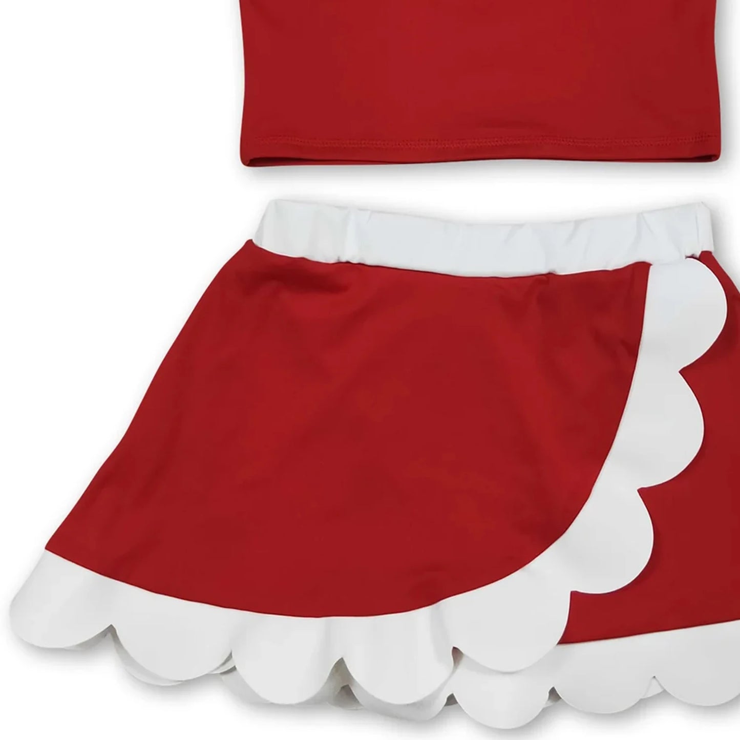 Sleeveless red/white tank top with scalloped skirt. Cute active wear set for Summer for sizes 1-6T.