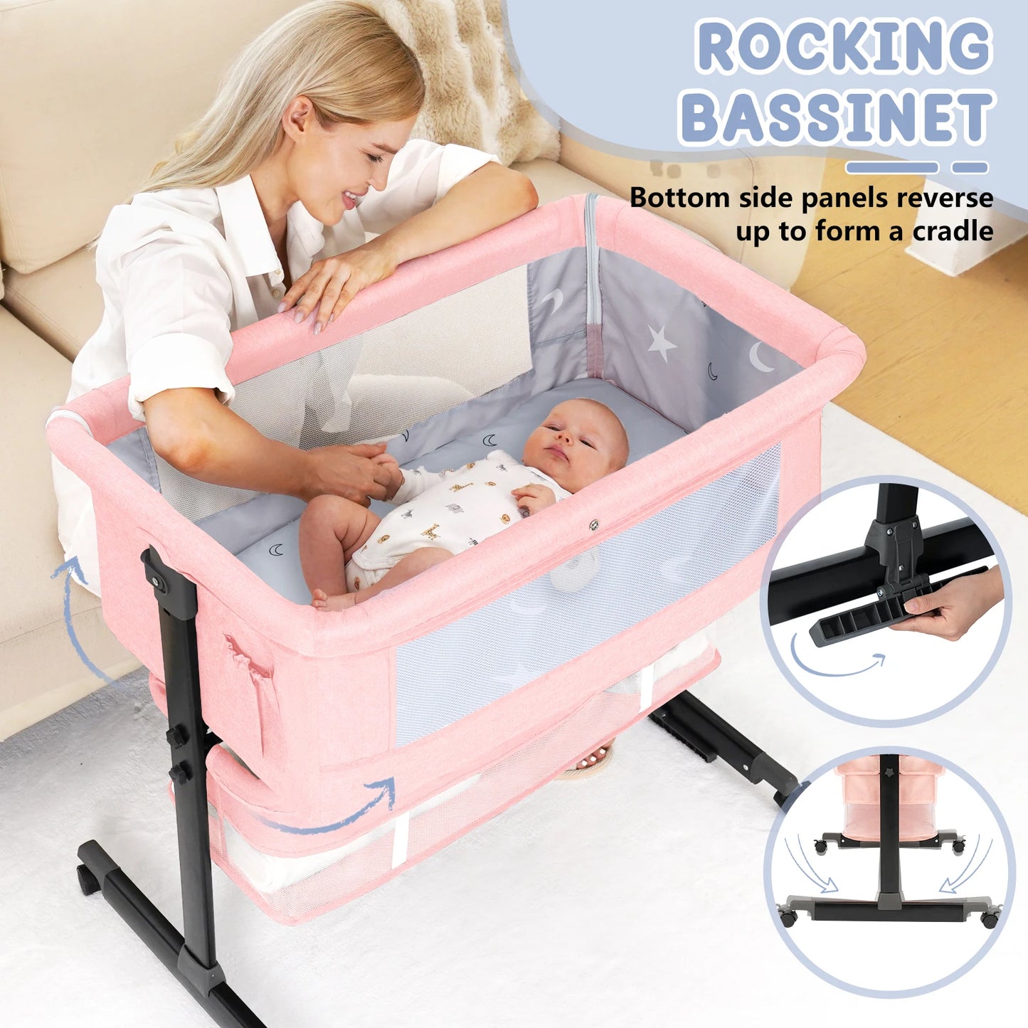 Foldable Portable Three In One Baby Bassinet Bedside Crib With Mesh And Storage