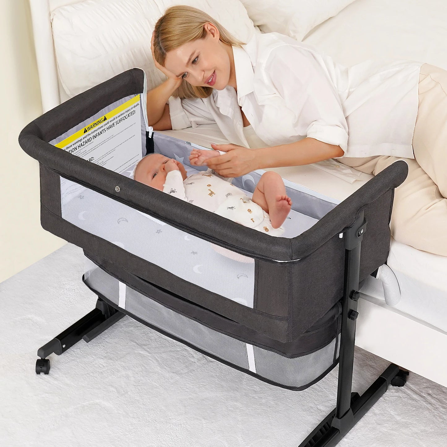 Foldable Portable Three In One Baby Bassinet Bedside Crib With Mesh And Storage