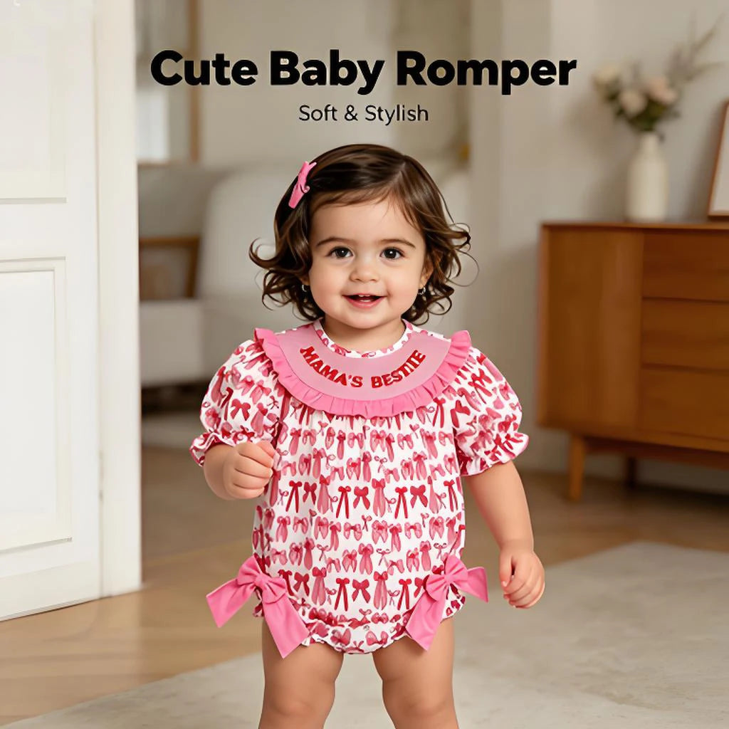 "Mama's Bestie" Smocked Baby Girl's Romper with Short Sleeves. Cute And Fashionable Infant Outfit for Parties and Special Occasions.