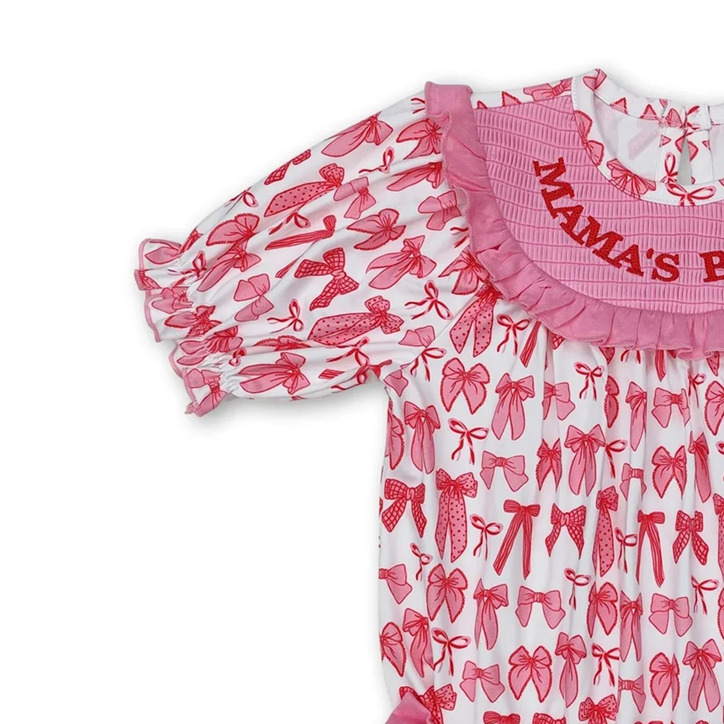 "Mama's Bestie" Smocked Baby Girl's Romper with Short Sleeves. Cute And Fashionable Infant Outfit for Parties and Special Occasions.