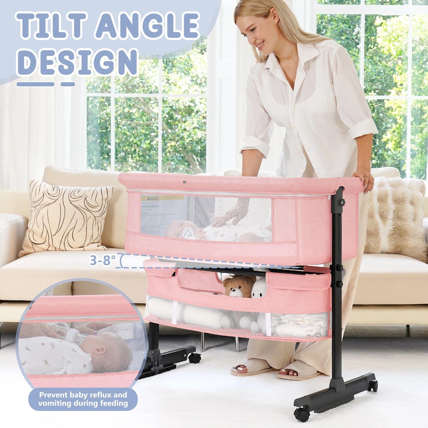 Foldable Portable Three In One Baby Bassinet Bedside Crib With Mesh And Storage