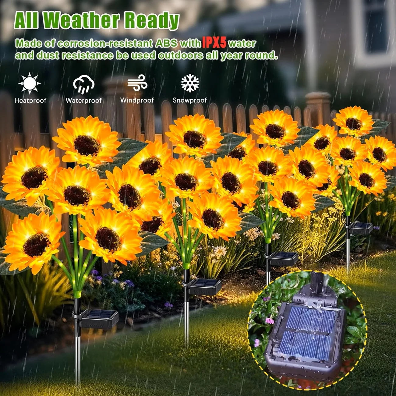 Solar Sunflower Lights, Waterproof Outdoor Lights, Auto ON/Off  Decorative Lights for Gardens, Walkways, Patios