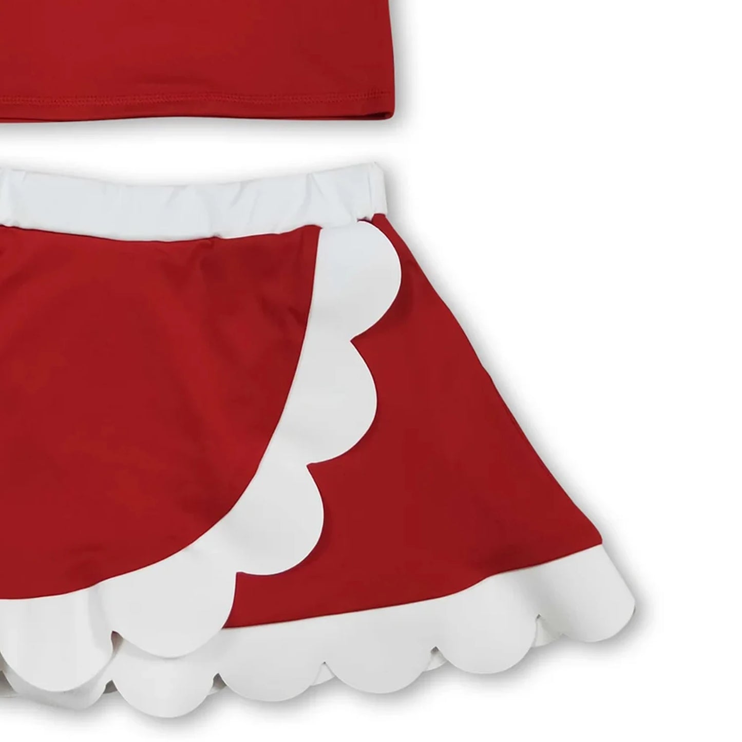 Sleeveless red/white tank top with scalloped skirt. Cute active wear set for Summer for sizes 1-6T.
