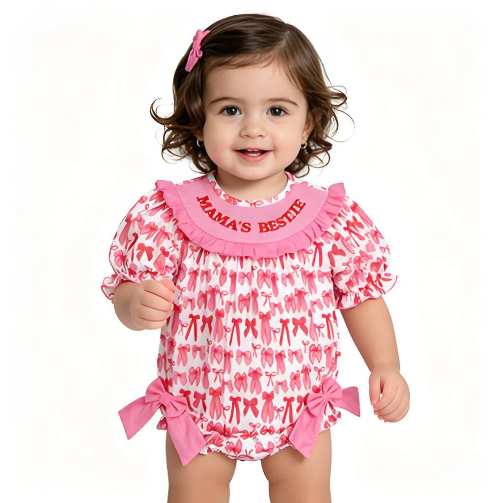 "Mama's Bestie" Smocked Baby Girl's Romper with Short Sleeves. Cute And Fashionable Infant Outfit for Parties and Special Occasions.