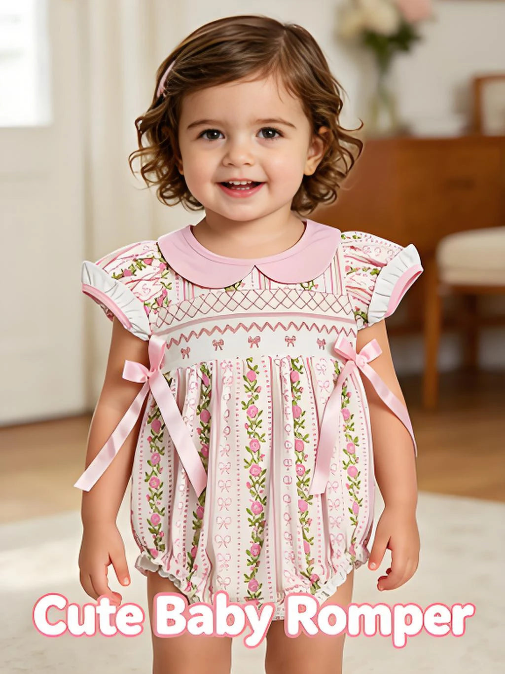 Baby Girls Summer Romper with Short Sleeves, decorative Pink Bows and Floral Print. Cute Infant-Toddler Outfit for Little Girls