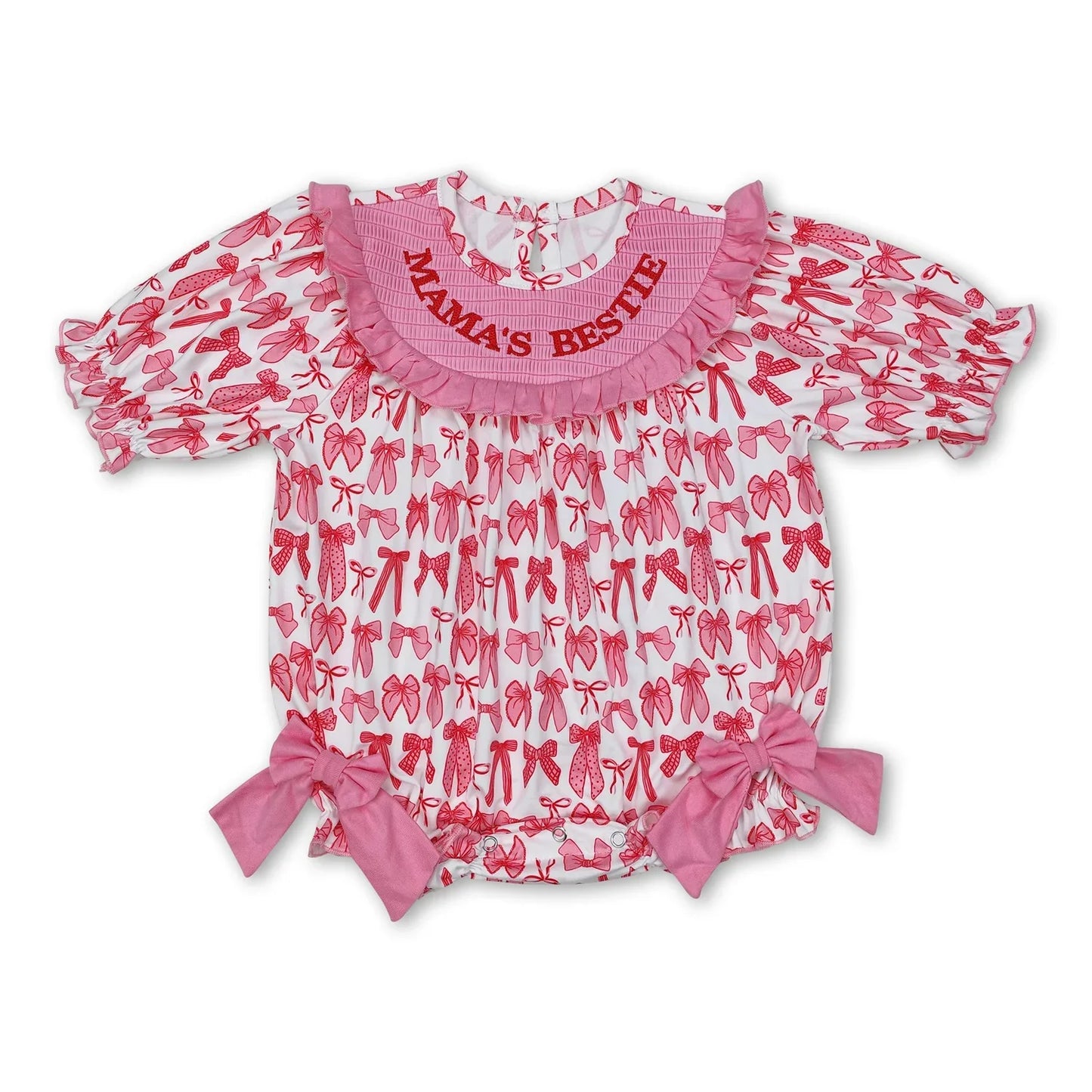 "Mama's Bestie" Smocked Baby Girl's Romper with Short Sleeves. Cute And Fashionable Infant Outfit for Parties and Special Occasions.