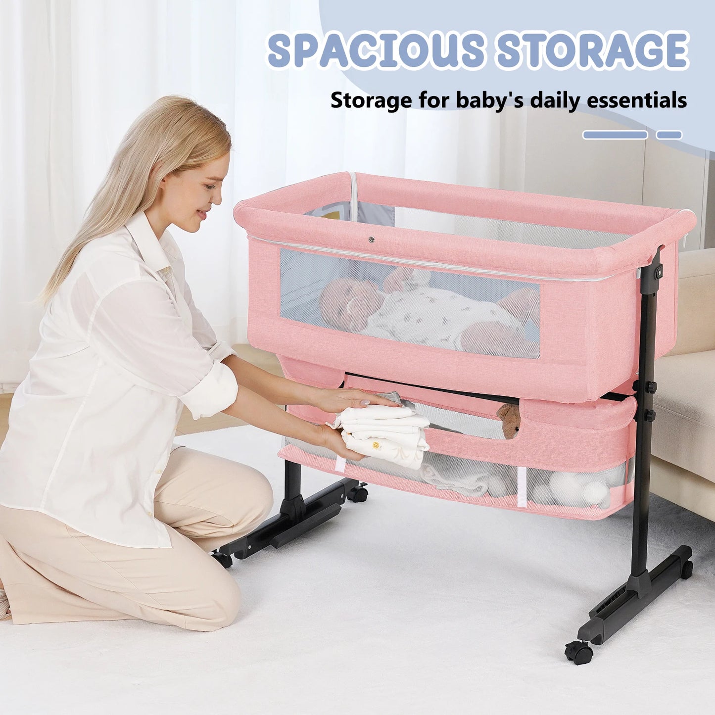 Foldable Portable Three In One Baby Bassinet Bedside Crib With Mesh And Storage
