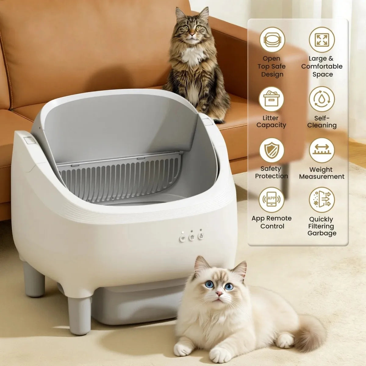 Self Cleaning Litter Box with Open-Top, 95 L Automatic Cat Litter Box for Multiple Family Cats