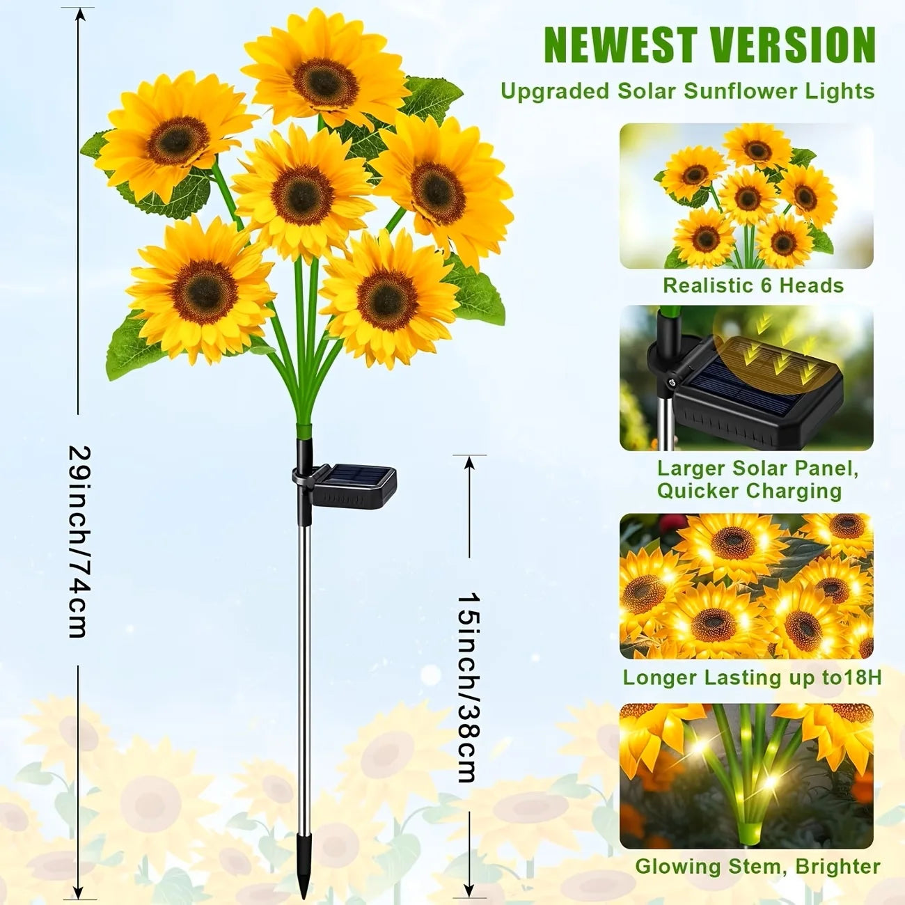 Solar Sunflower Lights, Waterproof Outdoor Lights, Auto ON/Off  Decorative Lights for Gardens, Walkways, Patios