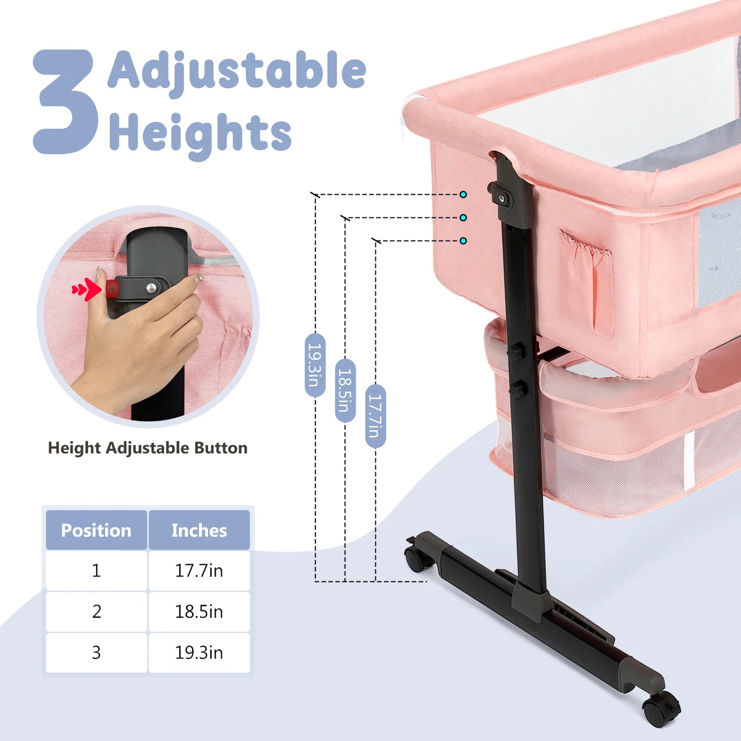 Foldable Portable Three In One Baby Bassinet Bedside Crib With Mesh And Storage