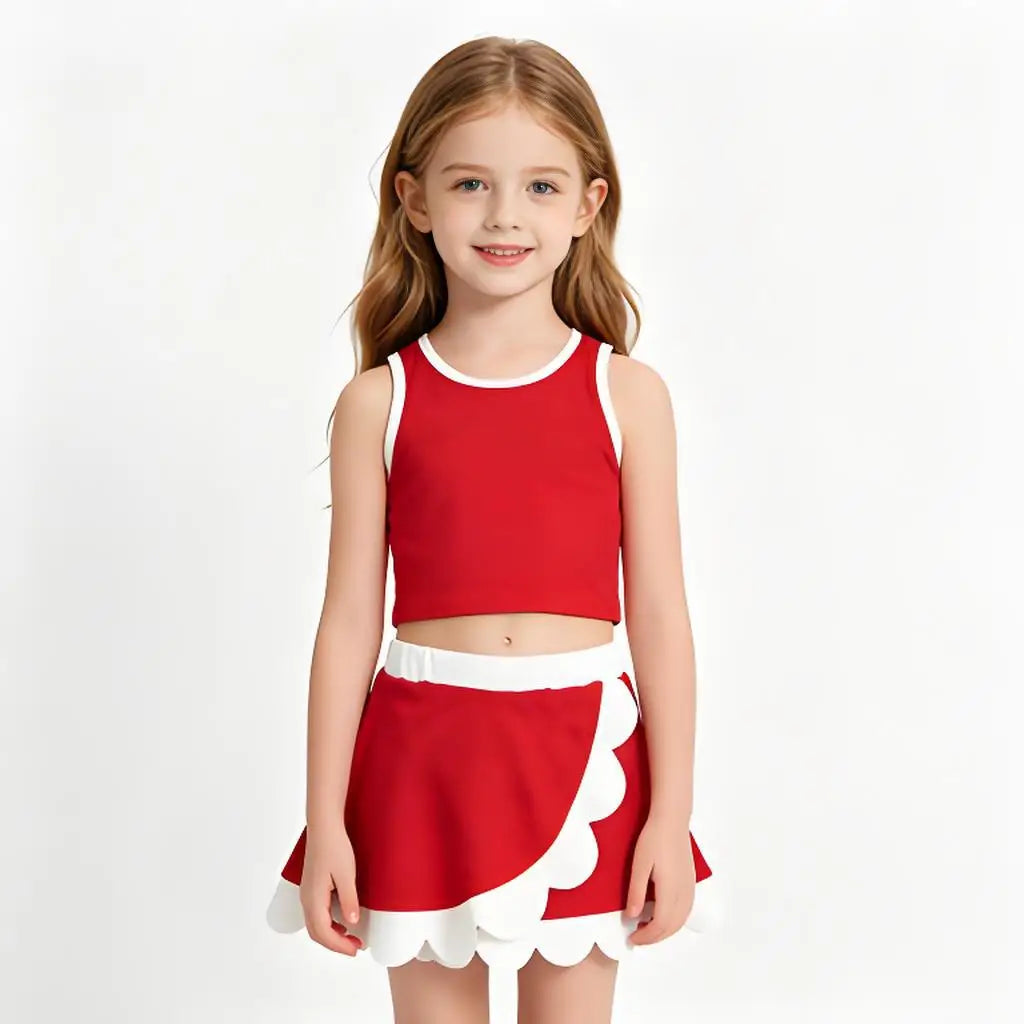 Sleeveless red/white tank top with scalloped skirt. Cute active wear set for Summer for sizes 1-6T.