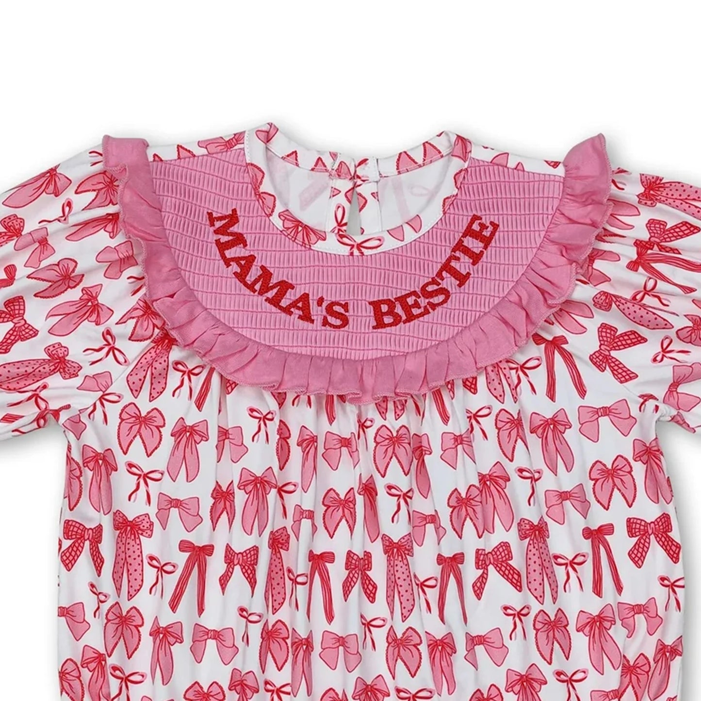 "Mama's Bestie" Smocked Baby Girl's Romper with Short Sleeves. Cute And Fashionable Infant Outfit for Parties and Special Occasions.