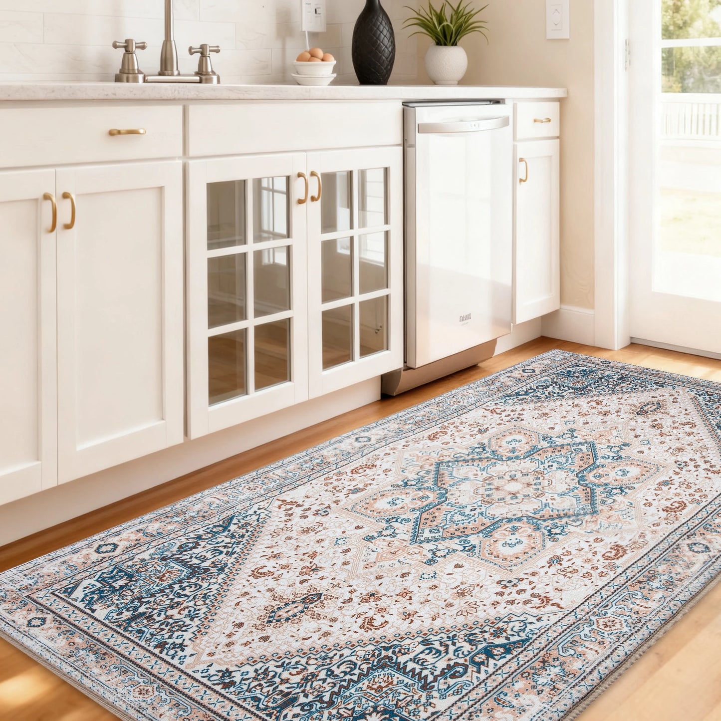 Soft Vintage Boho Medallion Runner Rug, Non Slip, Washable, Low Pile