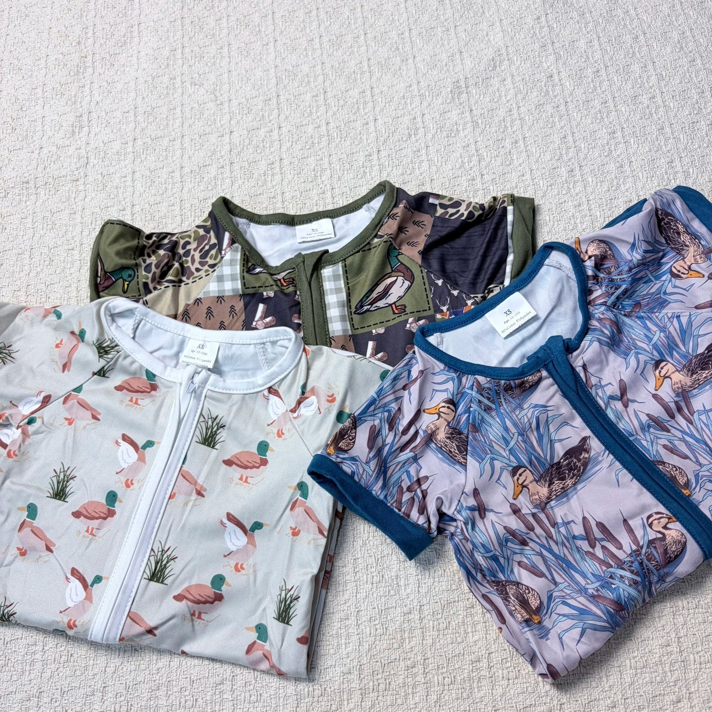 Baby Boy Summer Romper with Short Sleeves and front zipper. Duck Design, Sibling Outfits Infant to Toddler.