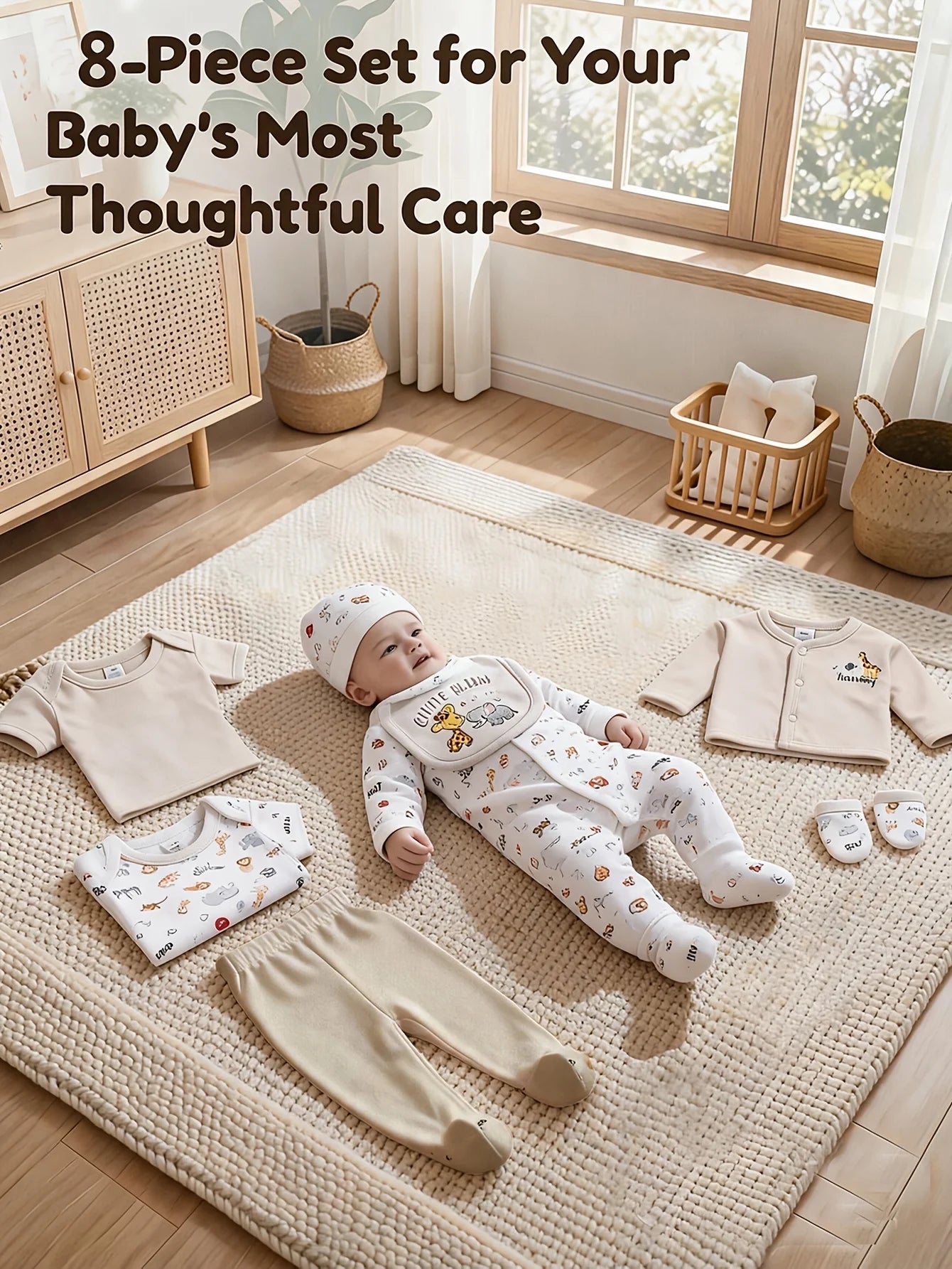 Soft Stretchy Rompers with Cute Prints (Elephant, Giraffe, "I Love Mom" Lettering) Incl. Long Romper, Hat, Bib, Socks, Pants, Jacket, Top And Bodysuit, for Outdoor Travel or Stroller Rides.