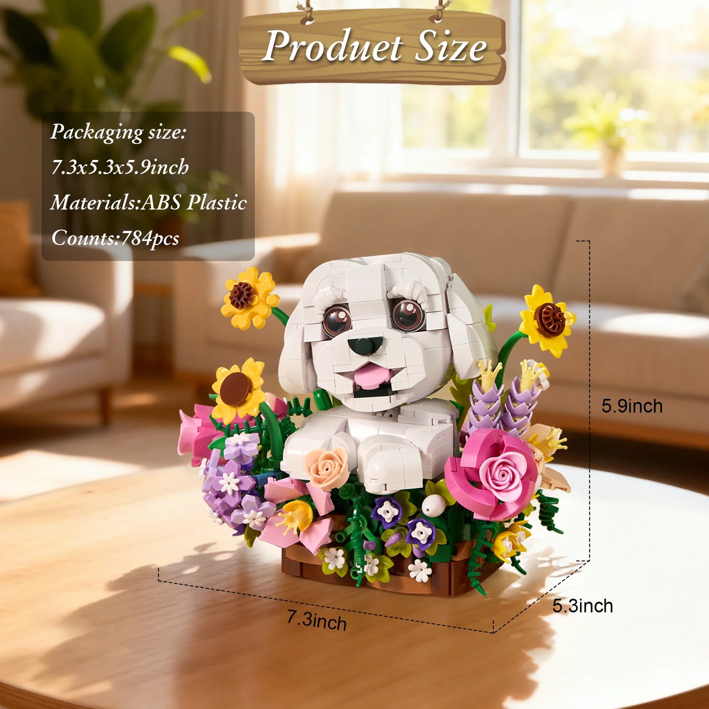 Dog and Flower Bouquet Building Blocks Set compatible with LEGO brand, for the pet and flower lover in the family. Great gift, too.