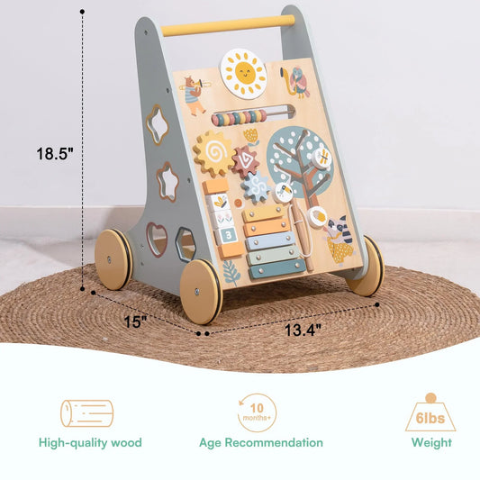 Wooden Baby Walker With Wheels, Stable, Natural Push Toy to help your Baby Learn to Walk with 6 in 1 Activity Center on the Front for Extended Play Time