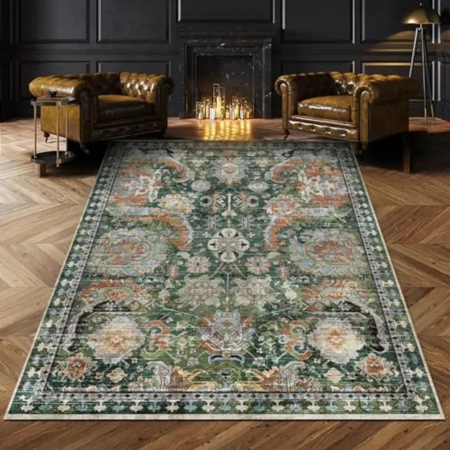Kilim Print Area Rug With Anti Slip Backing Washable Polyester
