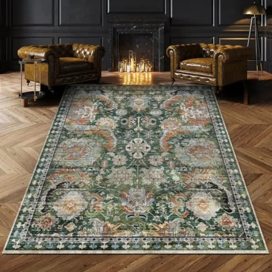 Kilim Print Area Rug With Anti Slip Backing Washable Polyester