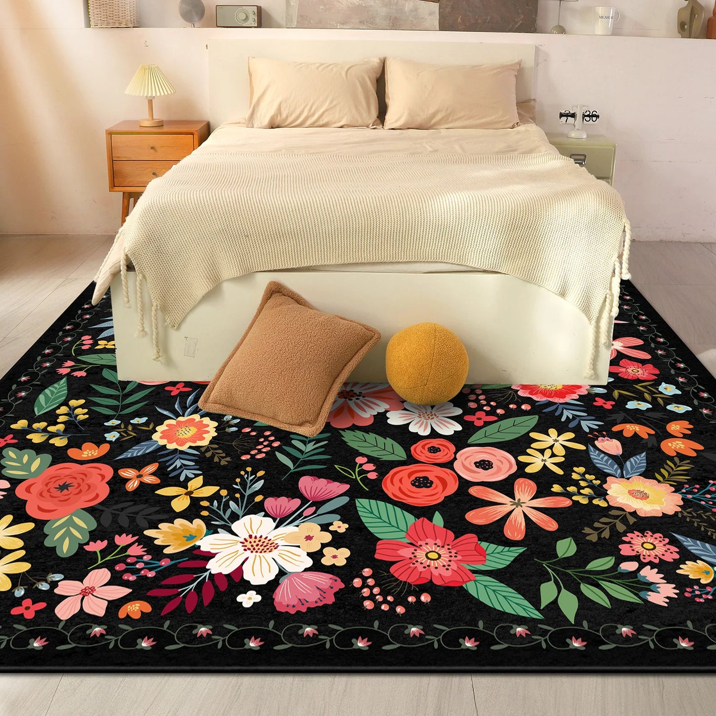 Boho Floral Pattern Non Slip Polyester Rug- Machine Washable, Adding Color to Family Spaces