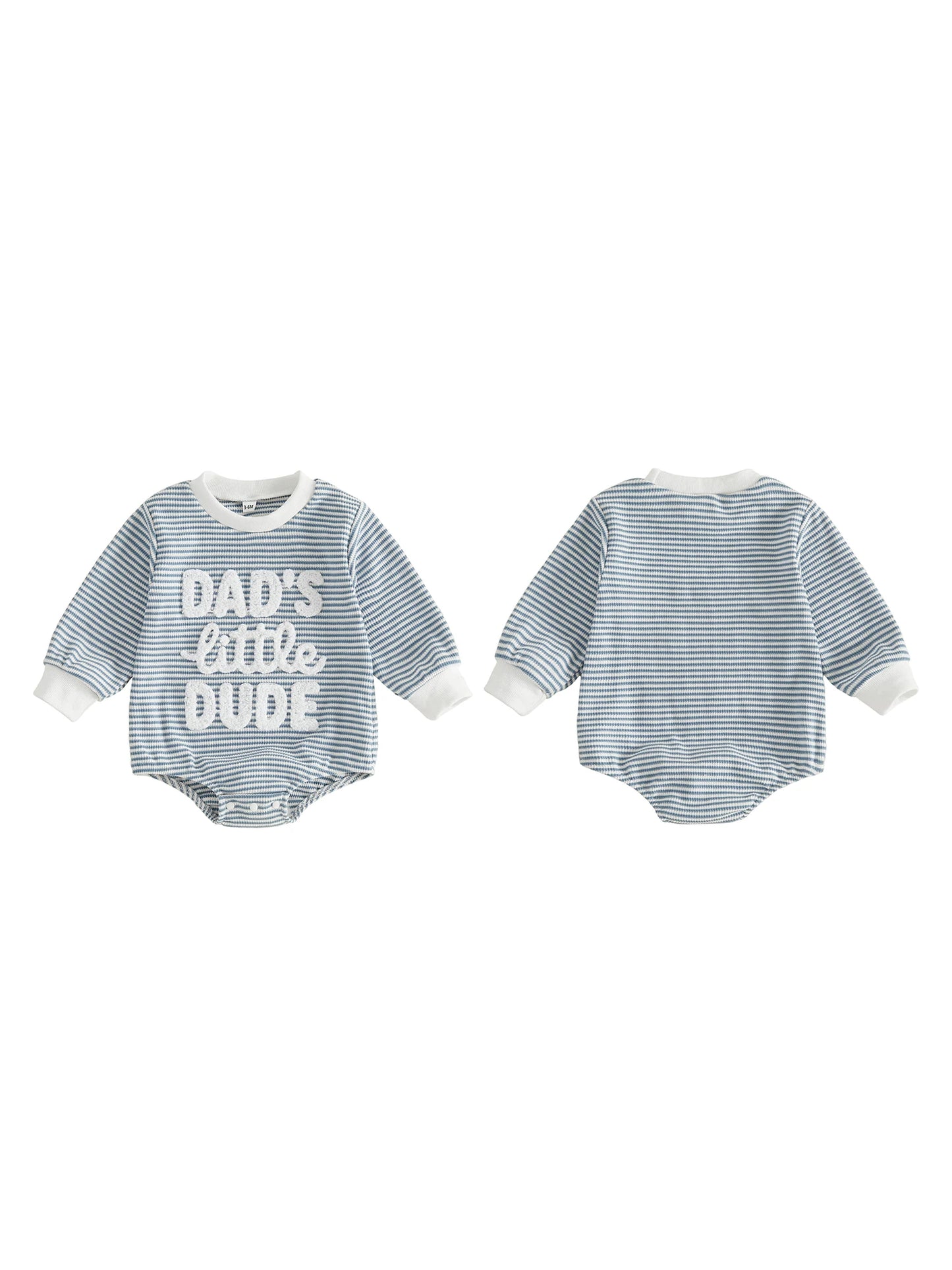 Round-Neck Embroidered Long Sleeve Romper.  Cute for Baby boys and Dads. Infant sizes.
