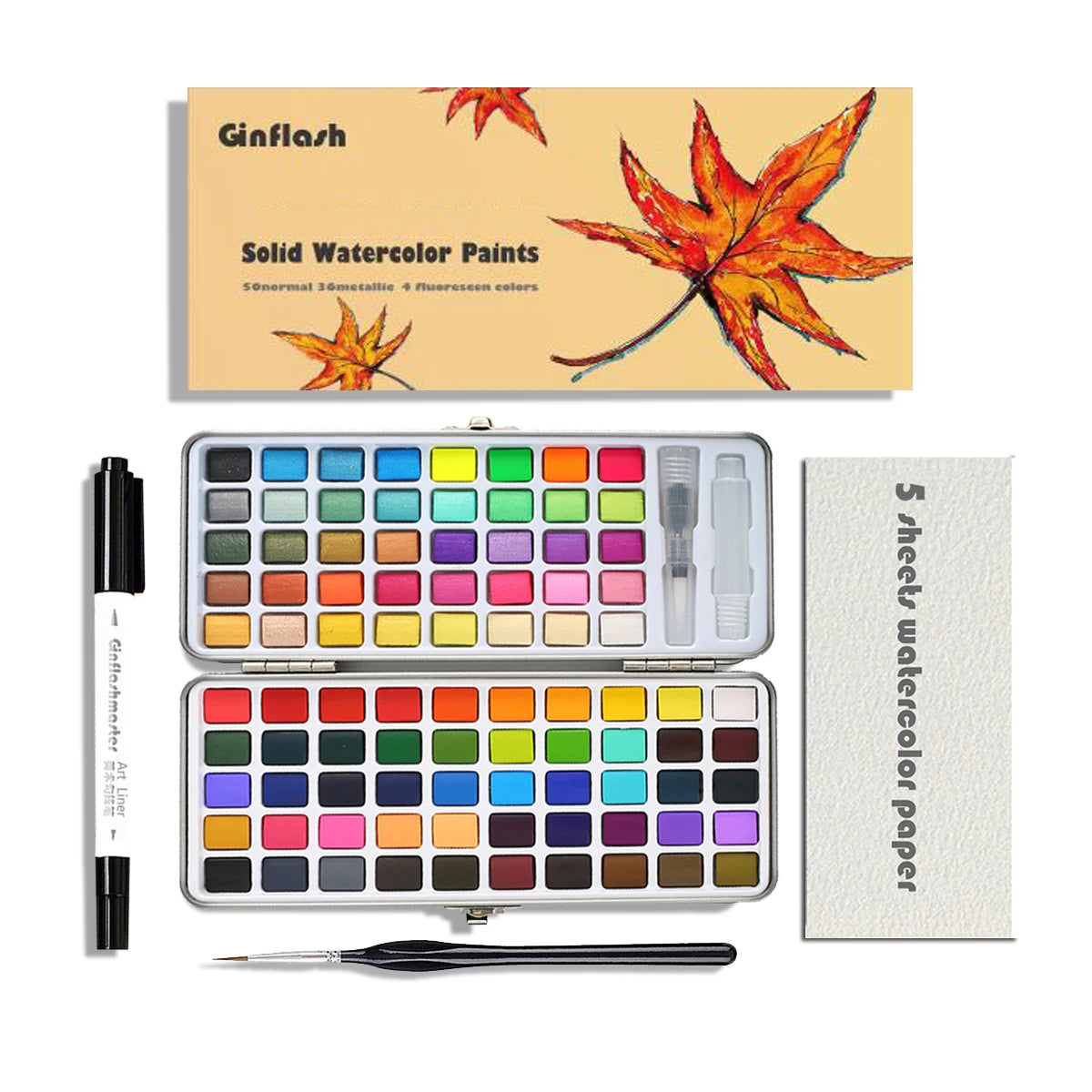 90 Color Watercolor Paint Set with Glitter, Portable Metal Case and squirrel hair brush, for creative learning and painting.