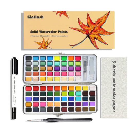 90 Color Watercolor Paint Set with Glitter, Portable Metal Case and natural hair brush, for creative learning and painting.