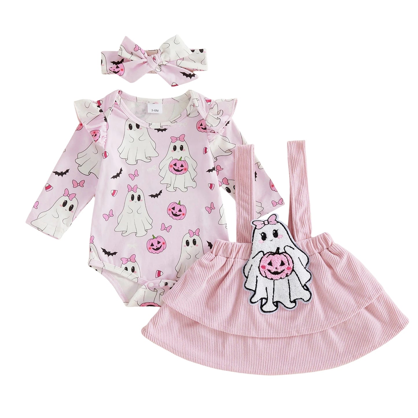 Baby Girl's Long Sleeve Romper for Sweet Halloween Outfit. Pair with tights to complete the look. Order now for October gatherings.